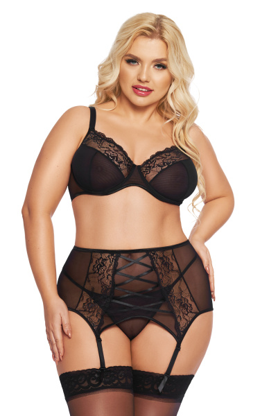 Комплект SoftLine Collection Dolores (бюстгальтер, стринги и пояс для чулок), черный, XXL